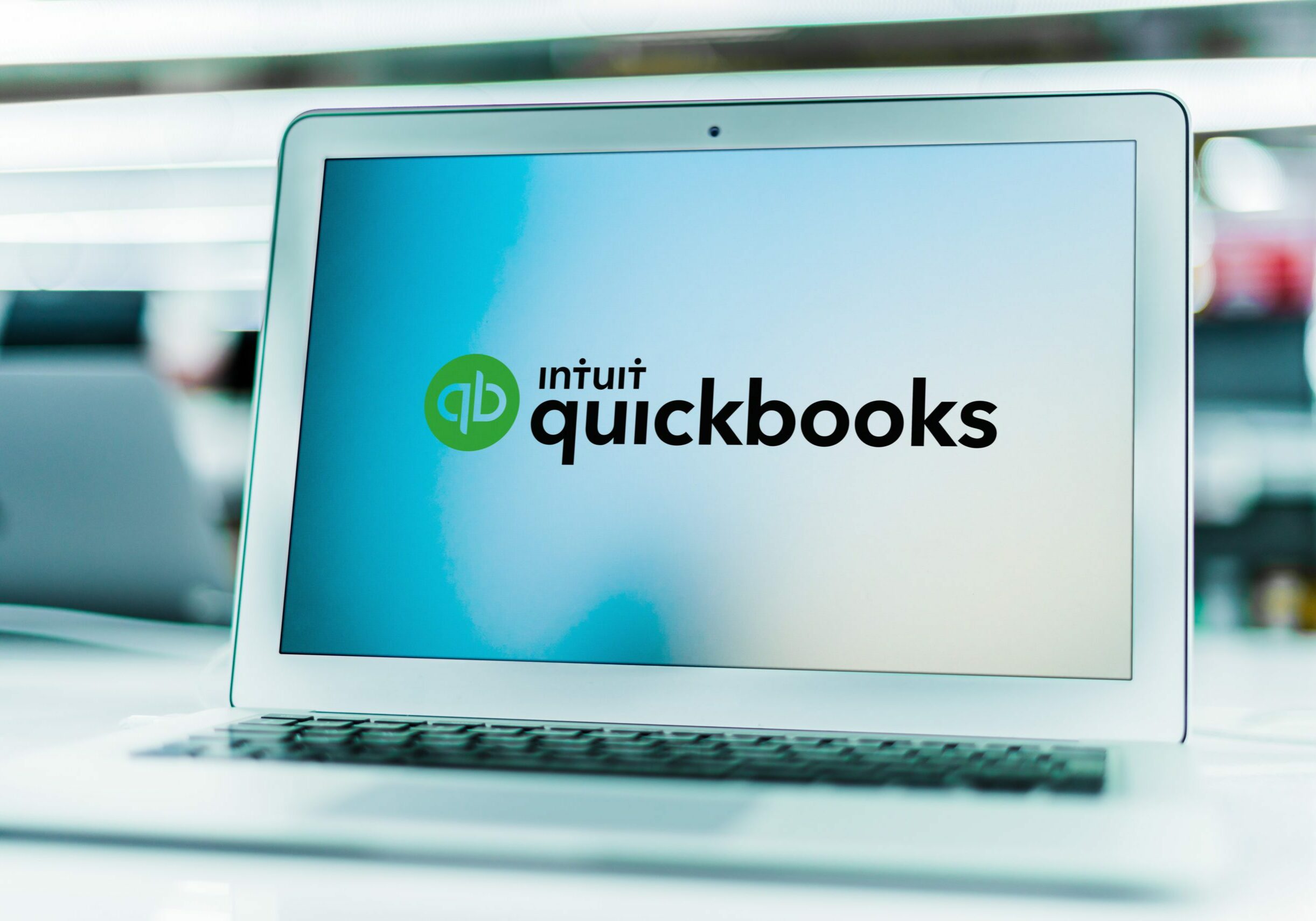 POZNAN, POL - JUN 16, 2020: Laptop computer displaying logo of QuickBooks, an accounting software package developed and marketed by Intuit